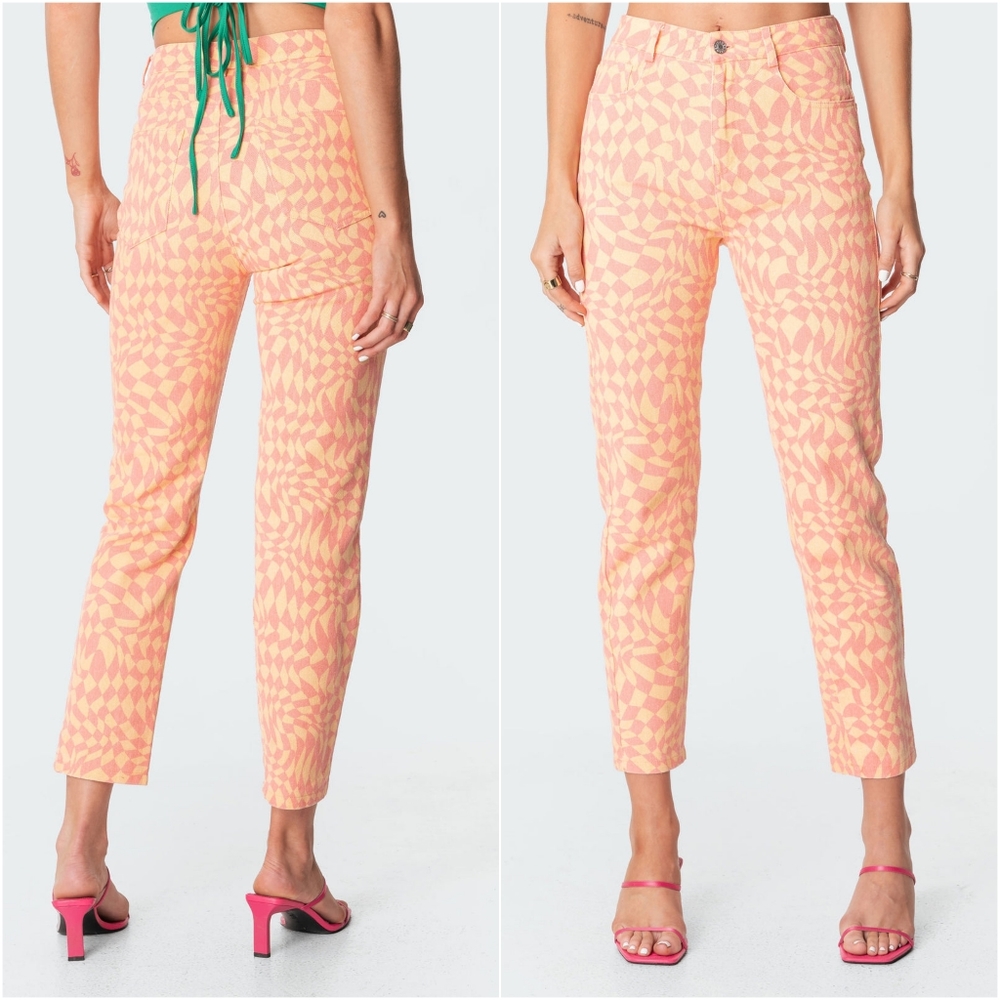 NEW!  Edikted Retro Print Mom Jeans Pink and Orange XS